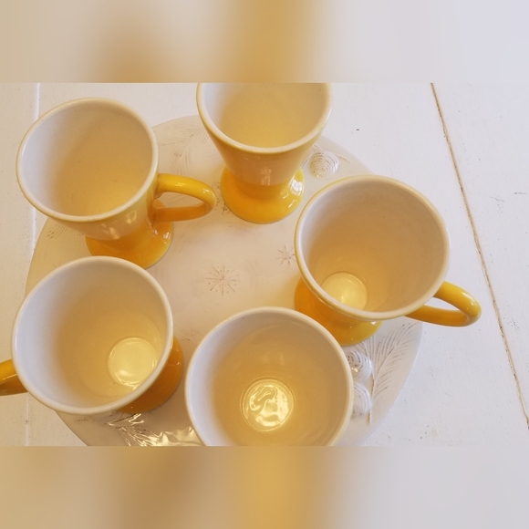 Set of 5 Made in Romania Yellow Glazed Mugs Coffee Tea Cups Conical Feet Retro - Picture 4 of 11